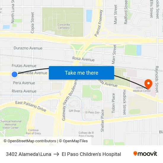 3402 Alameda\Luna to El Paso Children's Hospital map