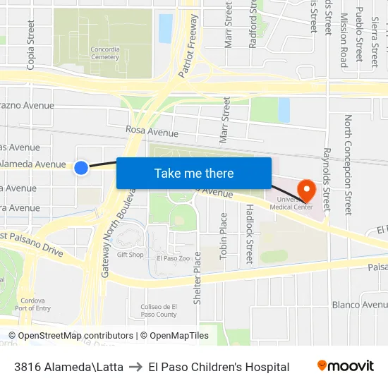 3816 Alameda\Latta to El Paso Children's Hospital map