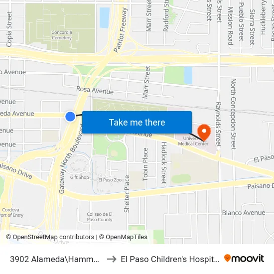 3902 Alameda\Hammett to El Paso Children's Hospital map