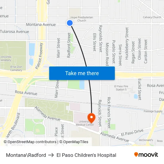 Montana\Radford to El Paso Children's Hospital map