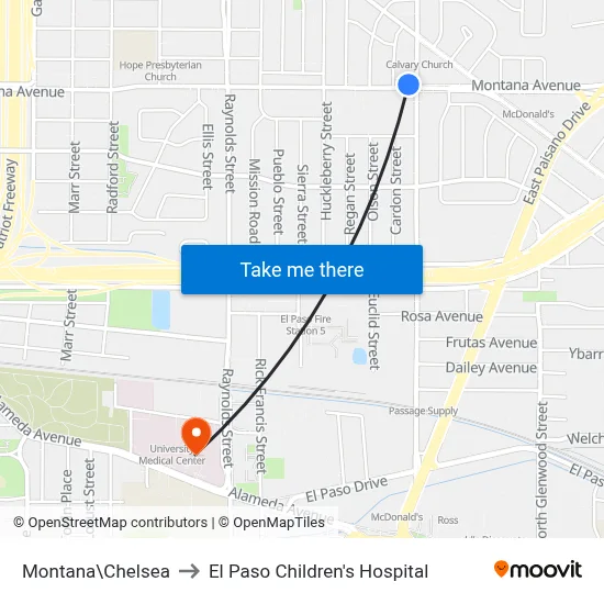 Montana\Chelsea to El Paso Children's Hospital map