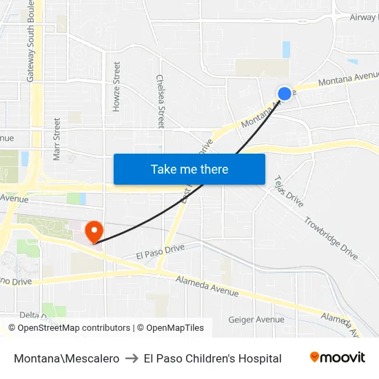 Montana\Mescalero to El Paso Children's Hospital map