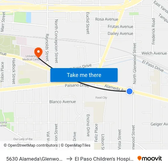 5630 Alameda\Glenwood to El Paso Children's Hospital map