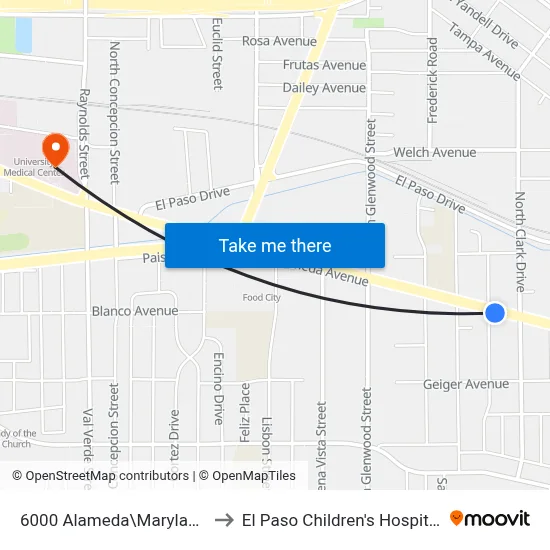 6000 Alameda\Maryland to El Paso Children's Hospital map