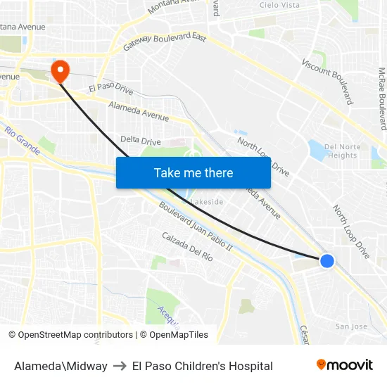Alameda\Midway to El Paso Children's Hospital map