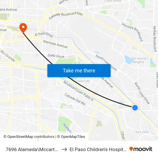 7696 Alameda\Mccarthy to El Paso Children's Hospital map