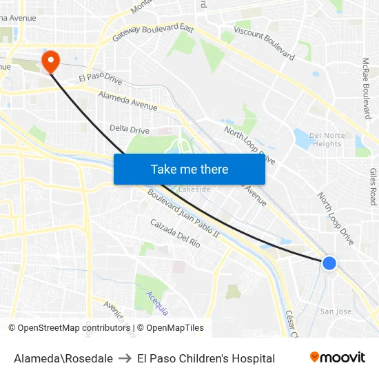 Alameda\Rosedale to El Paso Children's Hospital map