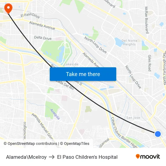 Alameda\Mcelroy to El Paso Children's Hospital map