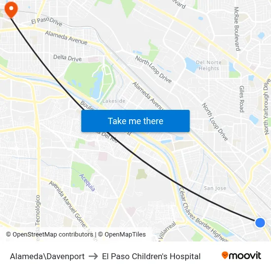 Alameda\Davenport to El Paso Children's Hospital map