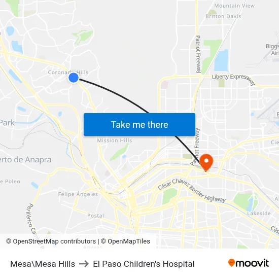 Mesa\Mesa Hills to El Paso Children's Hospital map