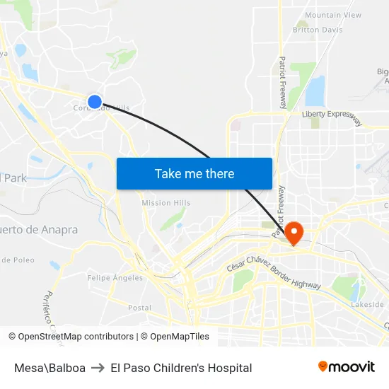 Mesa\Balboa to El Paso Children's Hospital map