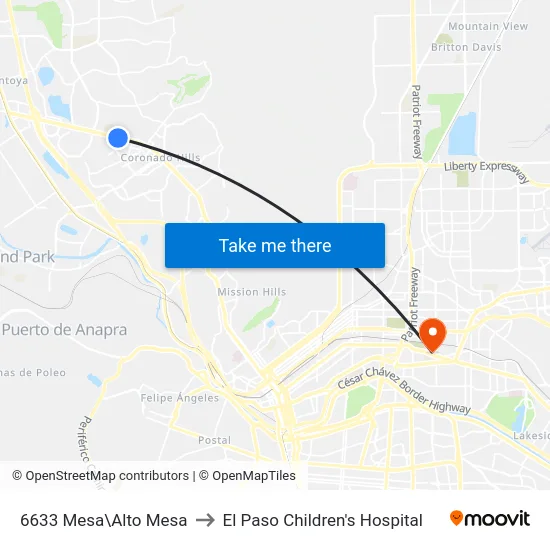 6633 Mesa\Alto Mesa to El Paso Children's Hospital map
