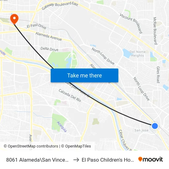 8061 Alameda\San Vincente Cl. to El Paso Children's Hospital map