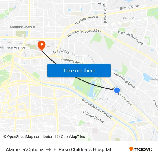 Alameda\Ophelia to El Paso Children's Hospital map
