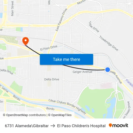 6731 Alameda\Gibraltar to El Paso Children's Hospital map