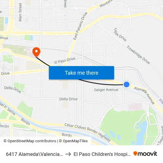 6417 Alameda\Valencia Pl to El Paso Children's Hospital map
