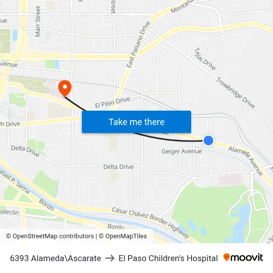 6393 Alameda\Ascarate to El Paso Children's Hospital map