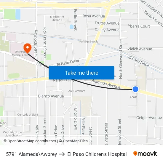 5791 Alameda\Awbrey to El Paso Children's Hospital map