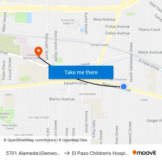 5701 Alameda\Glenwood to El Paso Children's Hospital map