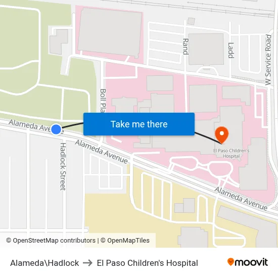 Alameda\Hadlock to El Paso Children's Hospital map