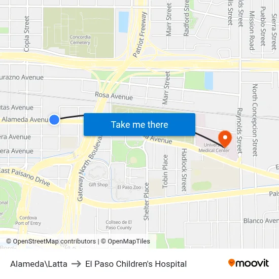 Alameda\Latta to El Paso Children's Hospital map