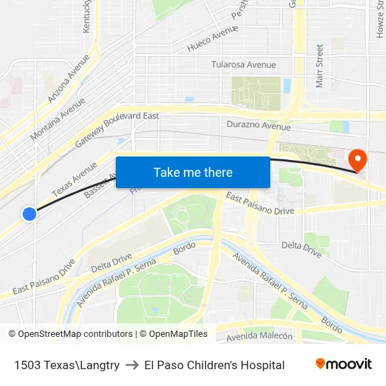 1503 Texas\Langtry to El Paso Children's Hospital map