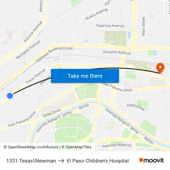 1331 Texas\Newman to El Paso Children's Hospital map