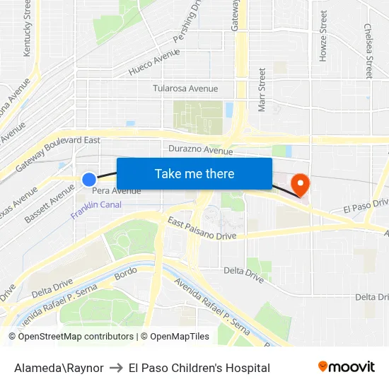 Alameda\Raynor to El Paso Children's Hospital map