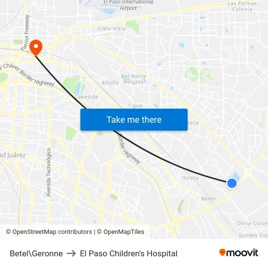 Betel\Geronne to El Paso Children's Hospital map