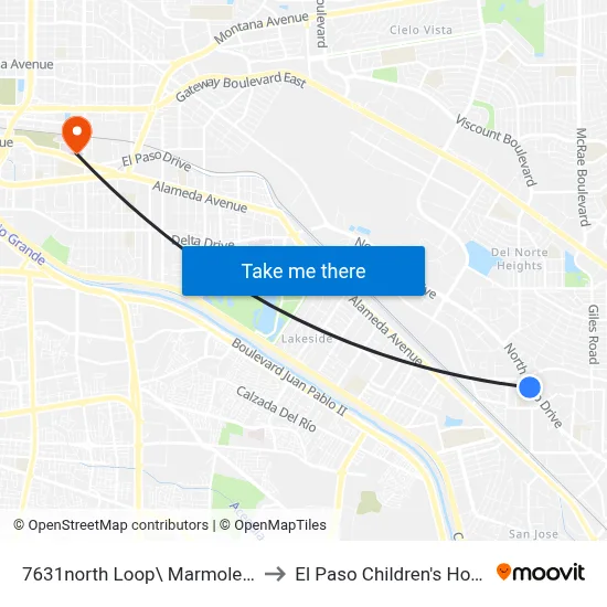 7631north Loop\ Marmolejo Apt to El Paso Children's Hospital map