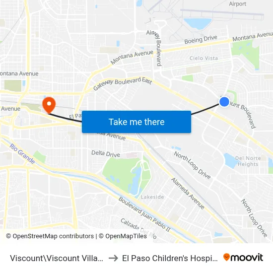 Viscount\Viscount Village to El Paso Children's Hospital map