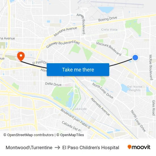 Montwood\Turrentine to El Paso Children's Hospital map