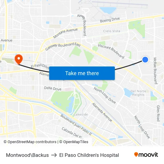 Montwood\Backus to El Paso Children's Hospital map