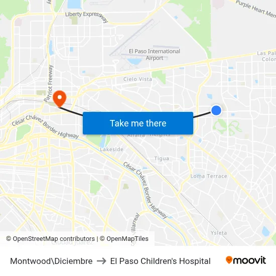 Montwood\Diciembre to El Paso Children's Hospital map