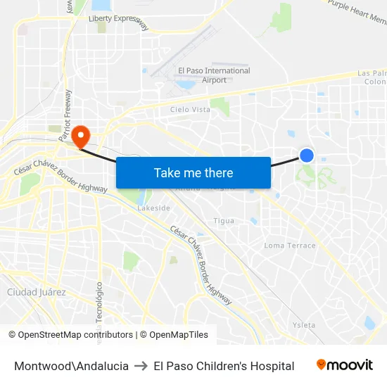 Montwood\Andalucia to El Paso Children's Hospital map