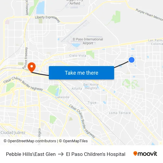 Pebble Hills\East Glen to El Paso Children's Hospital map