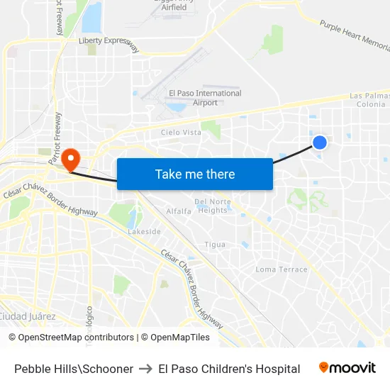 Pebble Hills\Schooner to El Paso Children's Hospital map