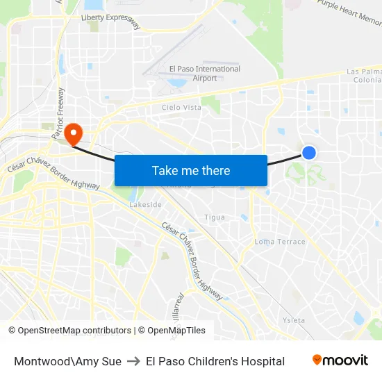 Montwood\Amy Sue to El Paso Children's Hospital map