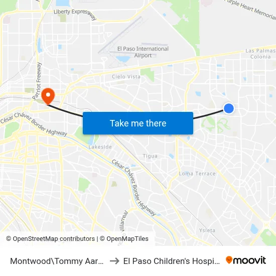Montwood\Tommy Aaron to El Paso Children's Hospital map