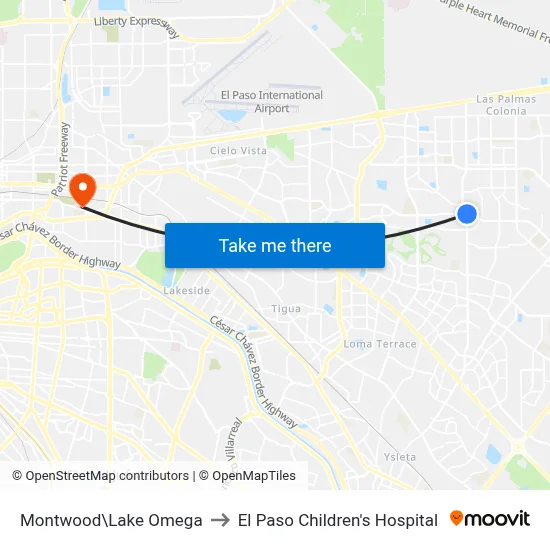 Montwood\Lake Omega to El Paso Children's Hospital map