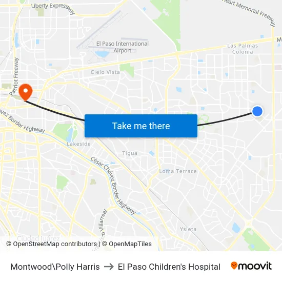 Montwood\Polly Harris to El Paso Children's Hospital map
