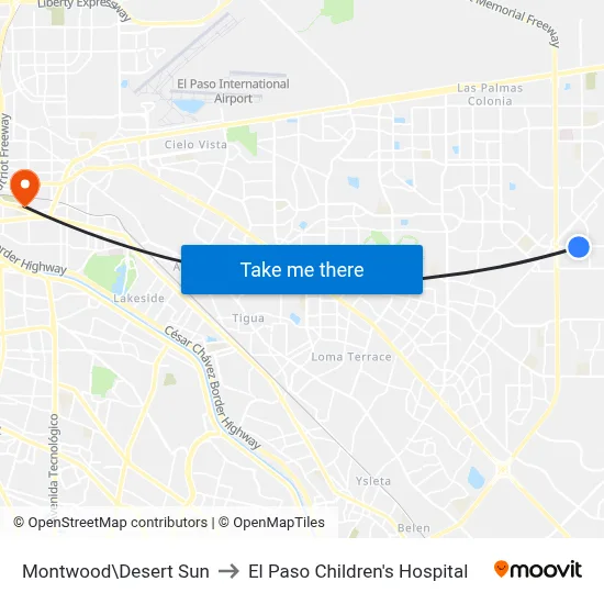 Montwood\Desert Sun to El Paso Children's Hospital map