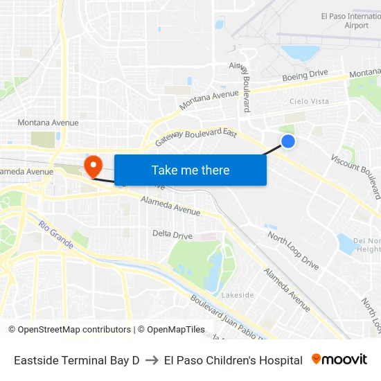 Eastside Terminal Bay D to El Paso Children's Hospital map