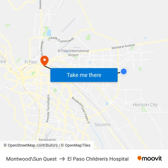 Montwood\Sun Quest to El Paso Children's Hospital map