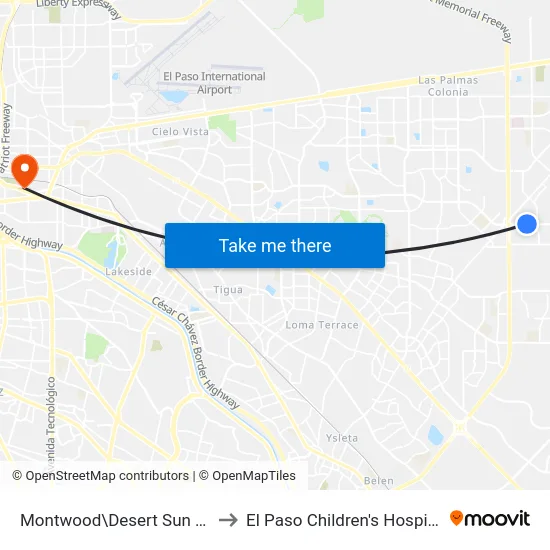 Montwood\Desert Sun Dr. to El Paso Children's Hospital map