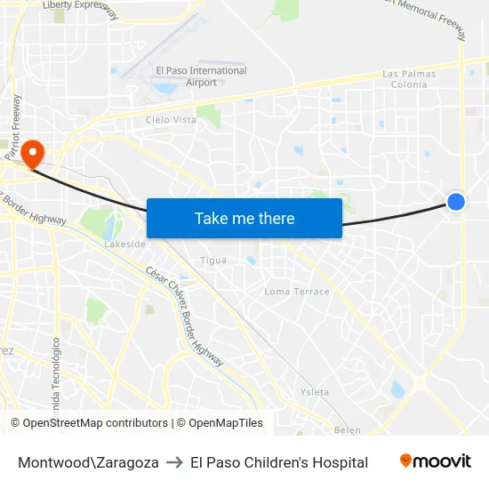 Montwood\Zaragoza to El Paso Children's Hospital map