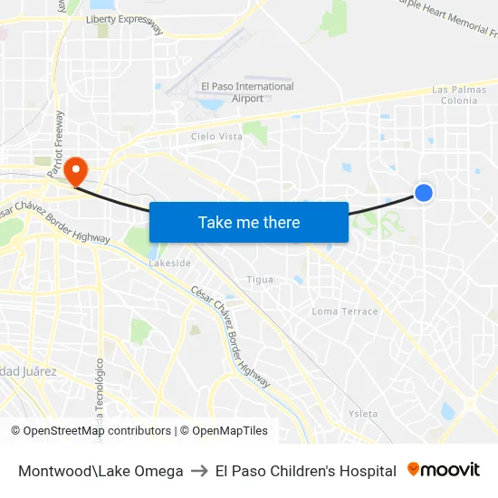 Montwood\Lake Omega to El Paso Children's Hospital map