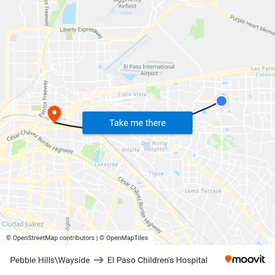 Pebble Hills\Wayside to El Paso Children's Hospital map