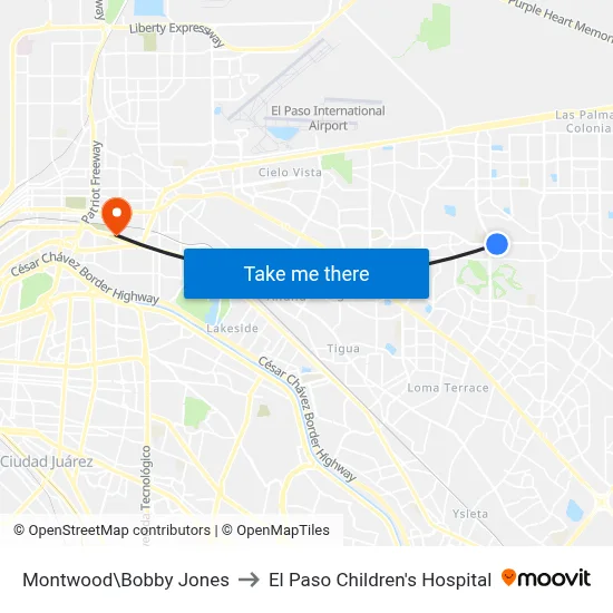 Montwood\Bobby Jones to El Paso Children's Hospital map