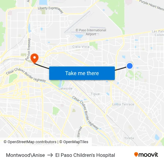 Montwood\Anise to El Paso Children's Hospital map